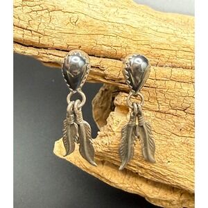 Vintage Sterling Silver Hematite Feather Dangle Earrings Southwestern Boho 3.1g